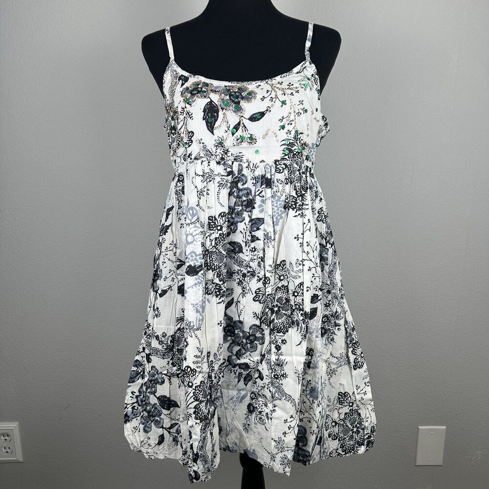 Chaudry KC Babydoll Mini Dress Size Large Sequin Pleated Bubble Hem Cottage Boho